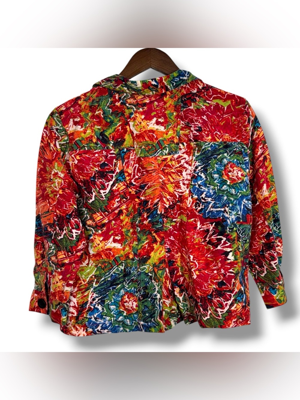 Chicos Red Silk Blend Colorful Abstract Floral Print Boxy Light Jacket 2 - Large - Picture 2 of 8